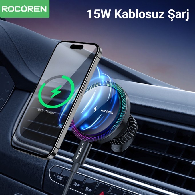 Rocoren 15W Kablosuz Şarj Destekli Magsafe Uyumlu RGB Işıklı Araç içi Telefon Tutucu