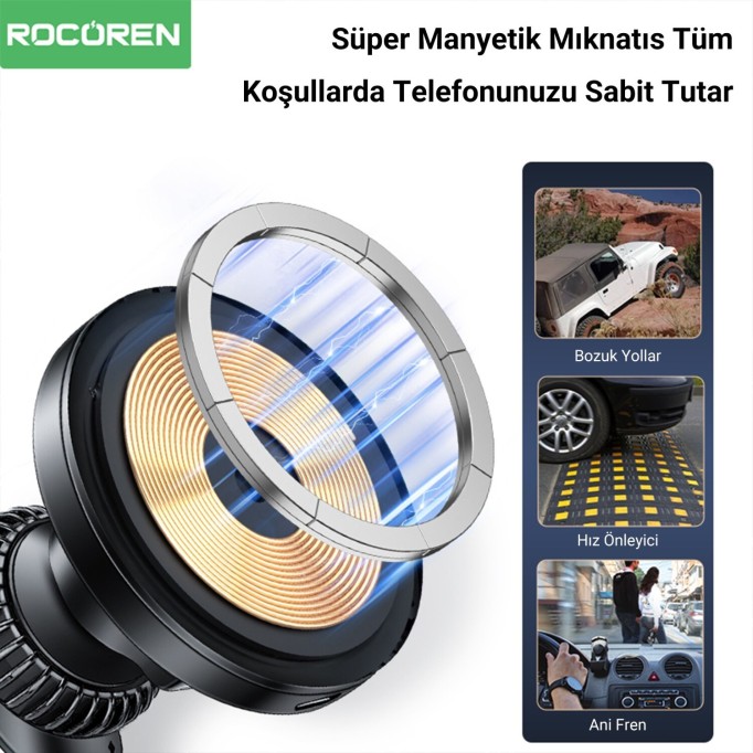 Rocoren 15W Kablosuz Şarj Destekli Magsafe Uyumlu RGB Işıklı Araç içi Telefon Tutucu