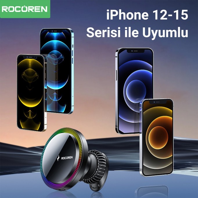 Rocoren 15W Kablosuz Şarj Destekli Magsafe Uyumlu RGB Işıklı Araç içi Telefon Tutucu
