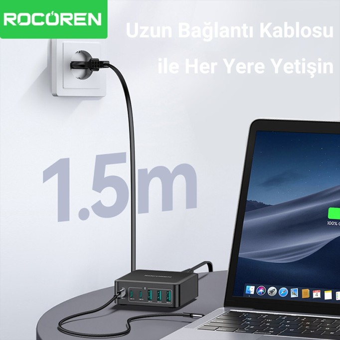 Rocoren 160W 3*Type-C ve 3*USB-A 6 Portlu Şarj Cihazı Laptop Uyumlu GaN Masaüstü Şarj İstasyonu