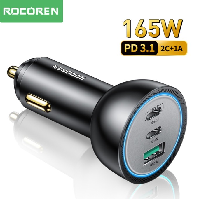 Rocoren 165W 3 Portlu PD3.1 2*Type-C ve USB-A Araç içi Hızlı Şarj Cihazı + 1 Metre 240W Kablo