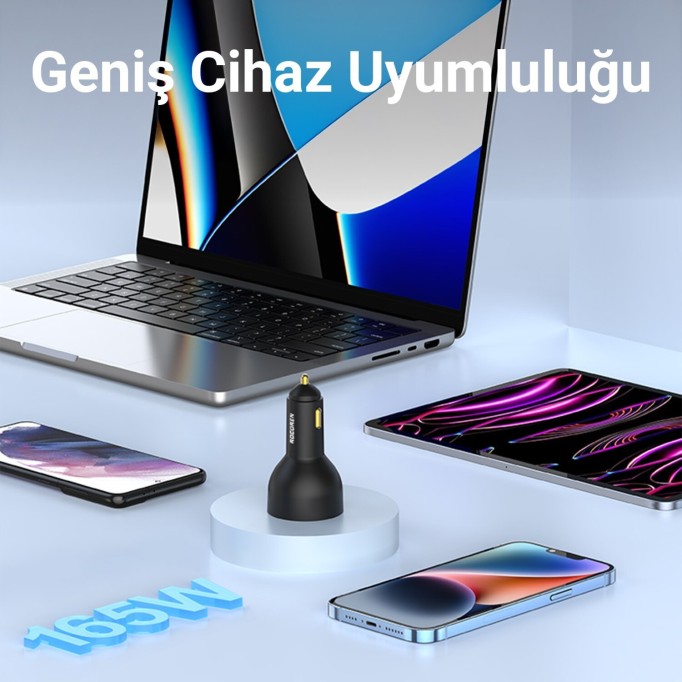Rocoren 165W 3 Portlu PD3.1 2*Type-C ve USB-A Araç içi Hızlı Şarj Cihazı + 1 Metre 240W Kablo