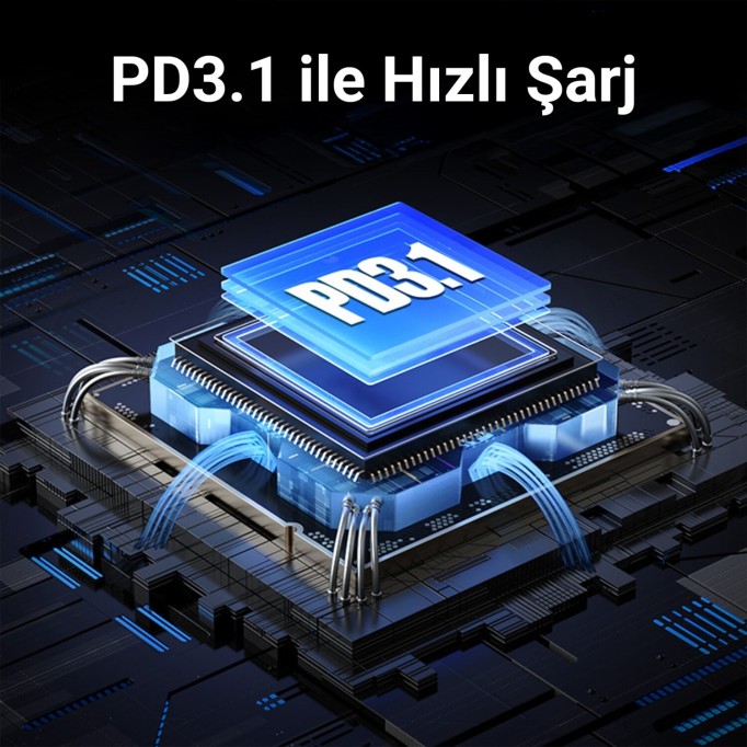Rocoren 165W 3 Portlu PD3.1 2*Type-C ve USB-A Araç içi Hızlı Şarj Cihazı + 1 Metre 240W Kablo