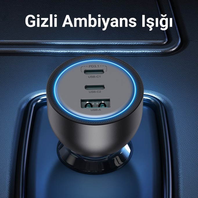 Rocoren 165W 3 Portlu PD3.1 2*Type-C ve USB-A Araç içi Hızlı Şarj Cihazı + 1 Metre 240W Kablo