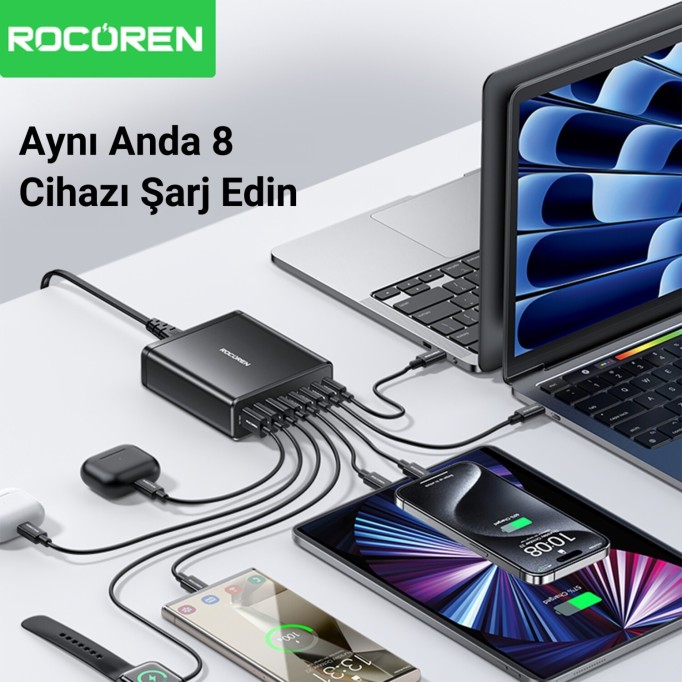 Rocoren 185W 8 Portlu GaN Şarj Cihazı 5*Type-C 3*USB-A Notebook iPhone Samsung Uyumlu Şarj İstasyonu