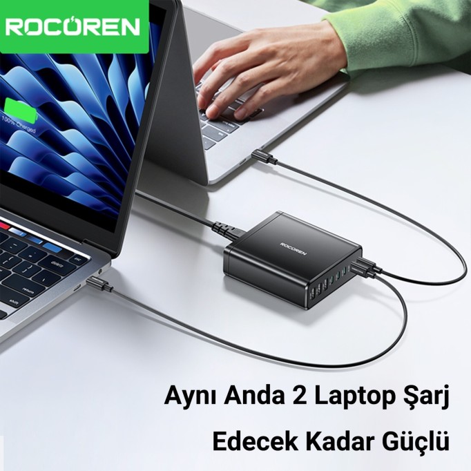 Rocoren 185W 8 Portlu GaN Şarj Cihazı 5*Type-C 3*USB-A Notebook iPhone Samsung Uyumlu Şarj İstasyonu