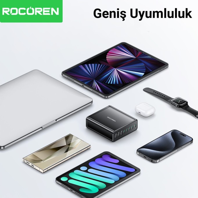 Rocoren 185W 8 Portlu GaN Şarj Cihazı 5*Type-C 3*USB-A Notebook iPhone Samsung Uyumlu Şarj İstasyonu