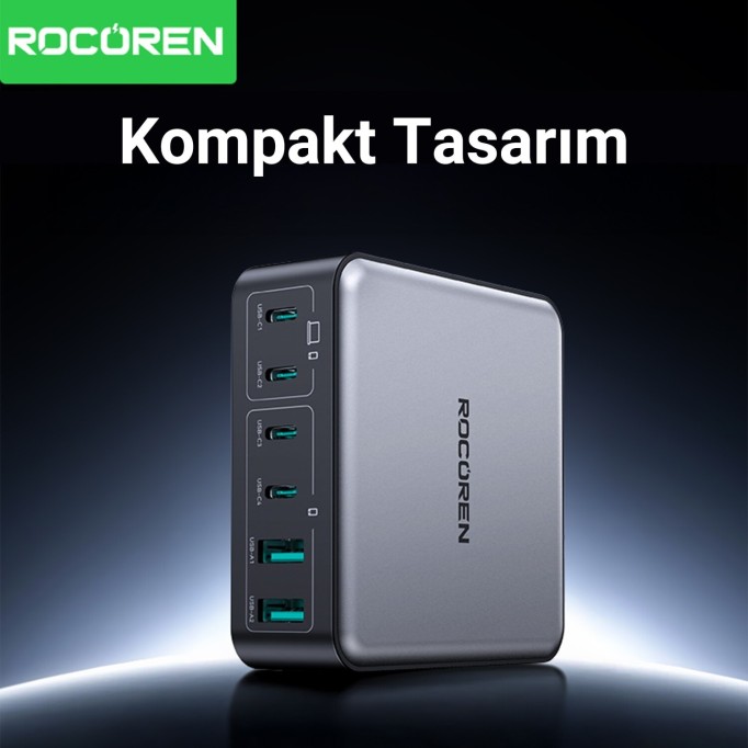 Rocoren 200W Gan 6 Portlu Şarj Cihazı 4*Type-C 2*USB-A Macbook iPhone Samsung Uyumlu Şarj İstasyonu
