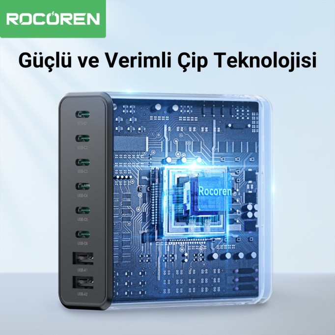 Rocoren 200W GaN 8 Portlu Şarj Cihazı 6*Type-C 2*USB-A Macbook iPhone Samsung Uyumlu Şarj İstasyonu
