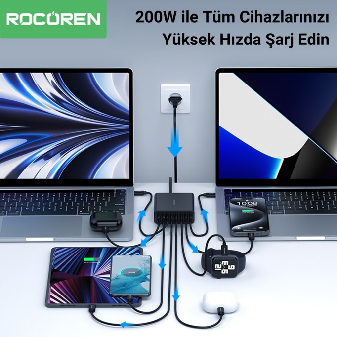 Rocoren 200W GaN 8 Portlu Şarj Cihazı 6*Type-C 2*USB-A Macbook iPhone Samsung Uyumlu Şarj İstasyonu