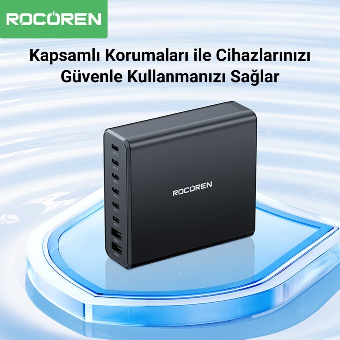 Rocoren 200W GaN 8 Portlu Şarj Cihazı 6*Type-C 2*USB-A Macbook iPhone Samsung Uyumlu Şarj İstasyonu
