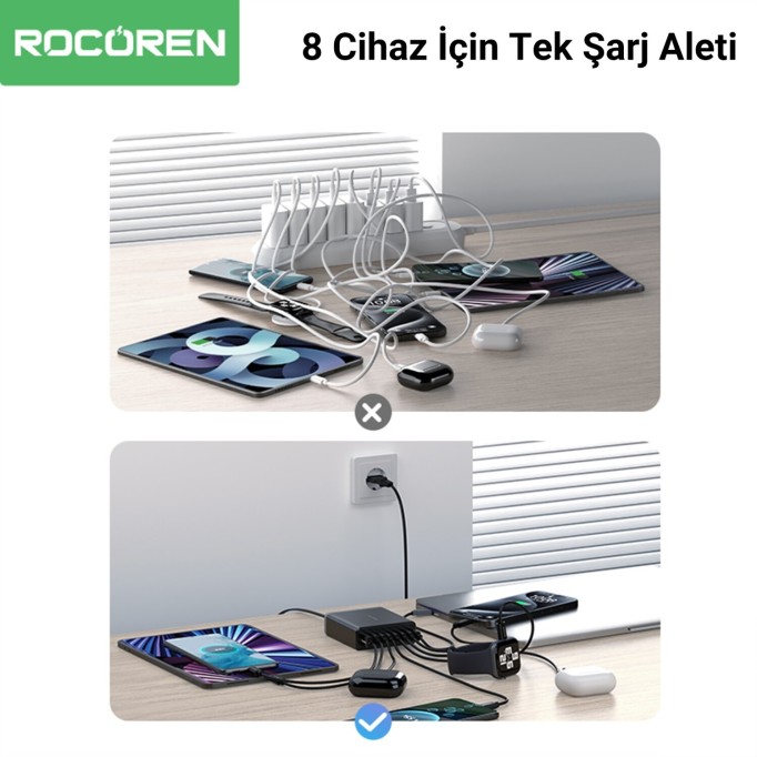 Rocoren 200W GaN 8 Portlu Şarj Cihazı 6*Type-C 2*USB-A Macbook iPhone Samsung Uyumlu Şarj İstasyonu