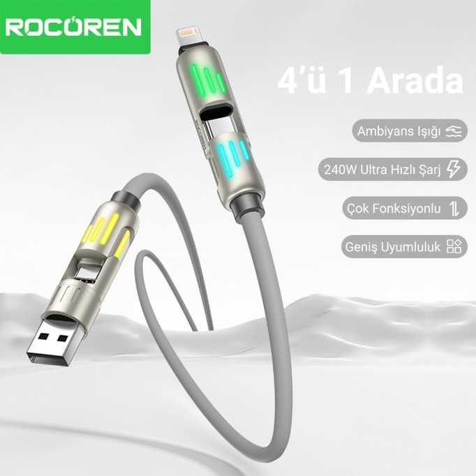Rocoren 240W 4'ü 1 Arada Type-C / USB-A / Lightning Gri Silikon Şarj ve Data Kablosu 1.2 Metre