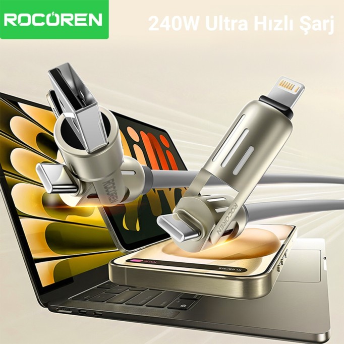 Rocoren 240W 4'ü 1 Arada Type-C / USB-A / Lightning Gri Silikon Şarj ve Data Kablosu 1.2 Metre