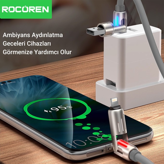 Rocoren 240W 4'ü 1 Arada Type-C / USB-A / Lightning Gri Silikon Şarj ve Data Kablosu 1.2 Metre
