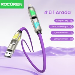 Rocoren 240W 4'ü 1 Arada Type-C / USB-A / Lightning Mor Silikon Şarj ve Data Kablosu 1.2 Metre Rocoren 240W 4'ü 1 Arada Type-C / USB-A / Lightning Mor Silikon Şarj ve Data Kablosu 1.2 Metre