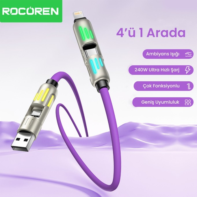 Rocoren 240W 4'ü 1 Arada Type-C / USB-A / Lightning Mor Silikon Şarj ve Data Kablosu 1.2 Metre
