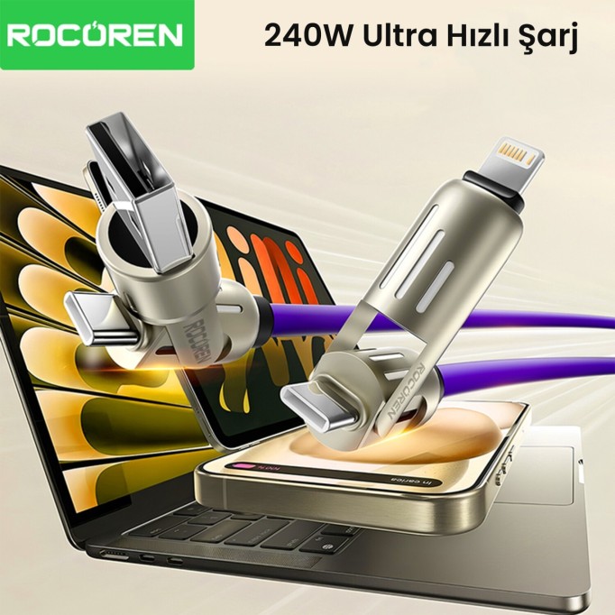 Rocoren 240W 4'ü 1 Arada Type-C / USB-A / Lightning Mor Silikon Şarj ve Data Kablosu 1.2 Metre