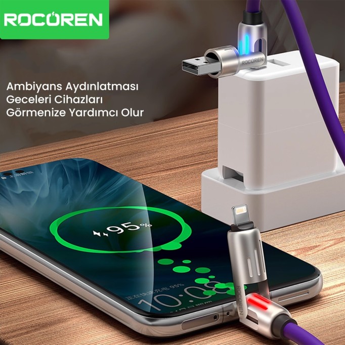 Rocoren 240W 4'ü 1 Arada Type-C / USB-A / Lightning Mor Silikon Şarj ve Data Kablosu 1.2 Metre