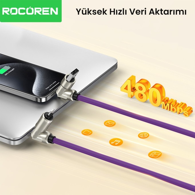 Rocoren 240W 4'ü 1 Arada Type-C / USB-A / Lightning Mor Silikon Şarj ve Data Kablosu 1.2 Metre