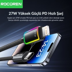 Rocoren 27W Type-C to Lightning RGB Aydınlatmalı Örgülü Şarj ve Data Kablosu 1 Metre Rocoren 27W Type-C to Lightning RGB Aydınlatmalı Örgülü Şarj ve Data Kablosu 1 Metre