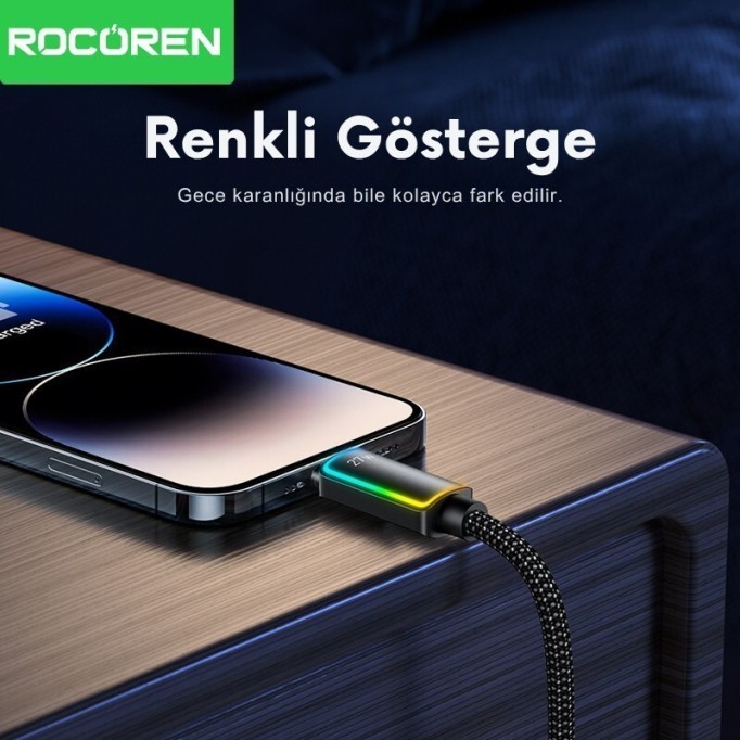 Rocoren 27W Type-C to Lightning RGB Aydınlatmalı Örgülü Şarj ve Data Kablosu 2 Metre