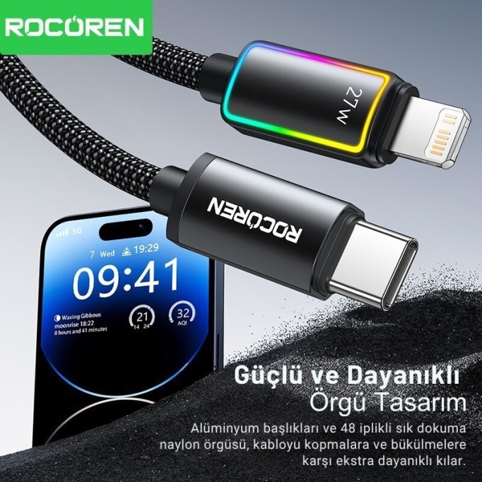 Rocoren 27W Type-C to Lightning RGB Aydınlatmalı Örgülü Şarj ve Data Kablosu 2 Metre