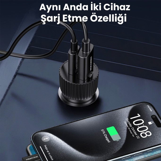 Rocoren 48W Çift Portlu USB Type-C ve USB-A Araç İçi Hızlı Şarj Cihazı