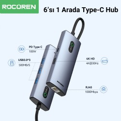 Rocoren 6 Portlu 4K 30Hz Gigabit Ethernet 3*USB3.0 PD 100W Destekli Hub Çoklayıcı Rocoren 6 Portlu 4K 30Hz Gigabit Ethernet 3*USB3.0 PD 100W Destekli Hub Çoklayıcı