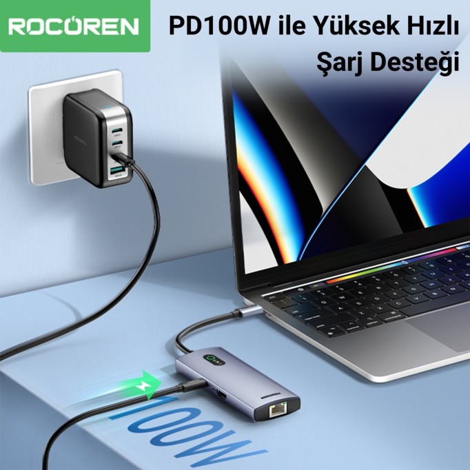 Rocoren 6 Portlu 4K 30Hz Gigabit Ethernet 3*USB3.0 PD 100W Destekli Hub Çoklayıcı