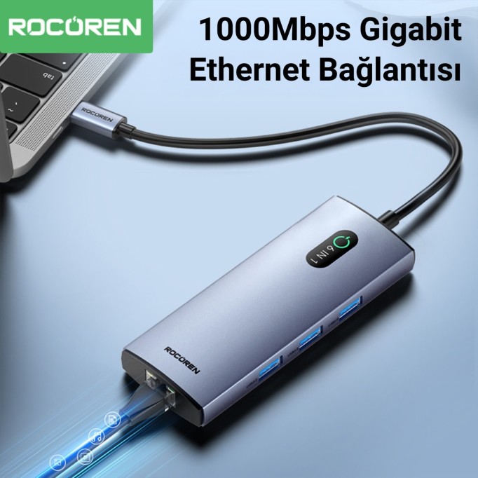 Rocoren 6 Portlu 4K 30Hz Gigabit Ethernet 3*USB3.0 PD 100W Destekli Hub Çoklayıcı