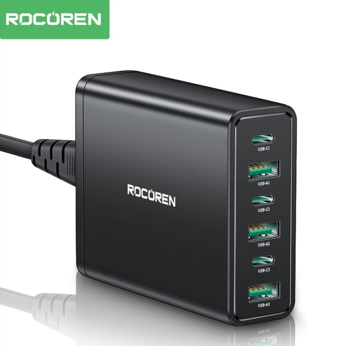 Rocoren 60W 3*Type-C ve 3*USB-A 6 Portlu Şarj Cihazı Masaüstü Şarj İstasyonu