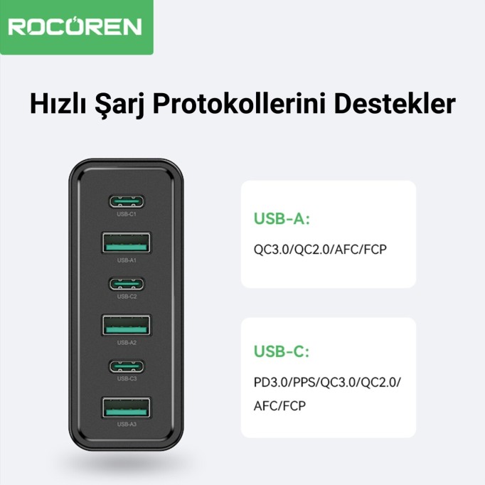 Rocoren 60W 3*Type-C ve 3*USB-A 6 Portlu Şarj Cihazı Masaüstü Şarj İstasyonu