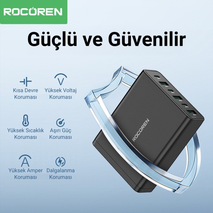 Rocoren 60W 3*Type-C ve 3*USB-A 6 Portlu Şarj Cihazı Masaüstü Şarj İstasyonu