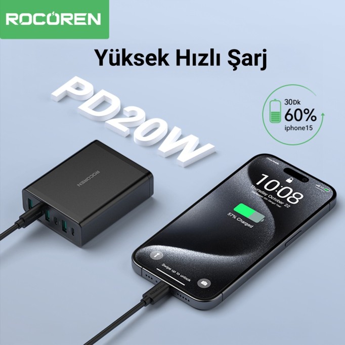 Rocoren 60W 3*Type-C ve 3*USB-A 6 Portlu Şarj Cihazı Masaüstü Şarj İstasyonu