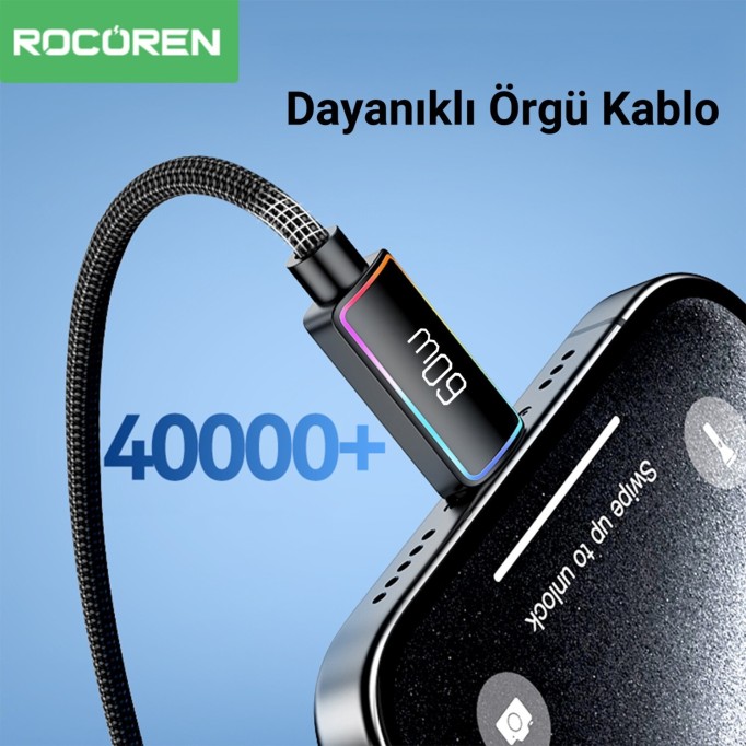 Rocoren 60W Type-C to Type-C RGB Aydınlatmalı Örgülü Şarj ve Data Kablosu 1 Metre