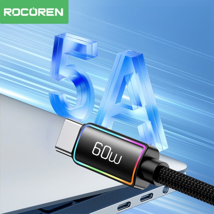 Rocoren 60W Type-C to Type-C RGB Aydınlatmalı Örgülü Şarj ve Data Kablosu 2 Metre