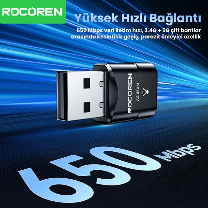 Rocoren 650 Mbps 2.4 & 5GHz Dual Band USB WiFi Adaptör