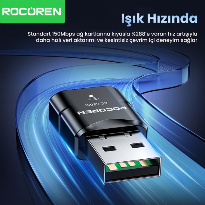 Rocoren 650 Mbps 2.4 & 5GHz Dual Band USB WiFi Adaptör