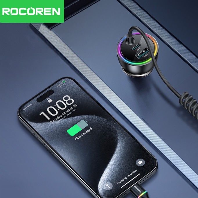 Rocoren 70W 3 Portlu 2*Type-C 1*USB-A Spiral Kablolu LED Işıklı Araç İçi Hızlı Şarj Cihazı