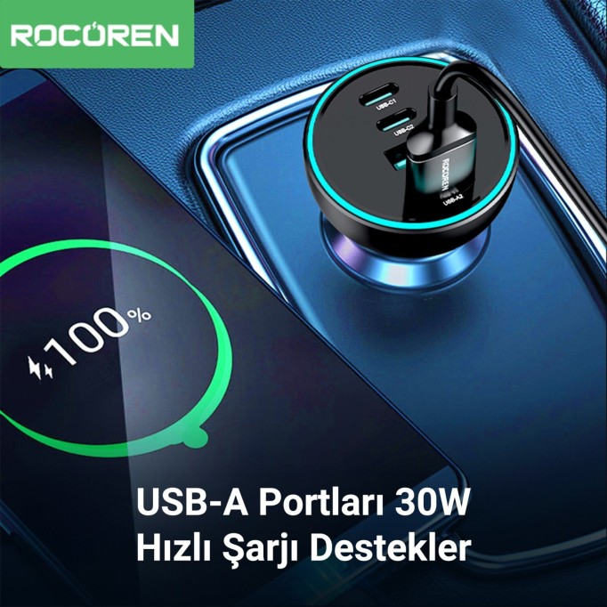Rocoren 70W 4 Portlu 2*Type-C 2*USB-A LED Işıklı Araç içi Hızlı Şarj Cihazı