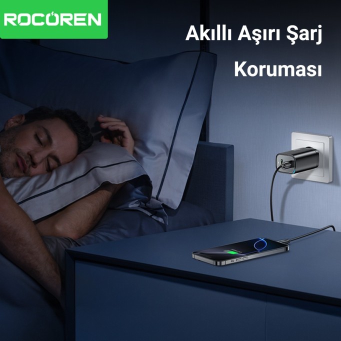Rocoren 70W GaN Şarj Cihazı Type-C ve USB-A 3-Portlu Hızlı Şarj Aleti