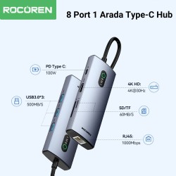 Rocoren 8 Portlu 4K 30Hz Gigabit Ethernet SD TF Kart Okuyuculu 3*USB3.0 PD 100W Destekli Hub Çoklayıcı Rocoren 8 Portlu 4K 30Hz Gigabit Ethernet SD TF Kart Okuyuculu 3*USB3.0 PD 100W Destekli Hub Çoklayıcı