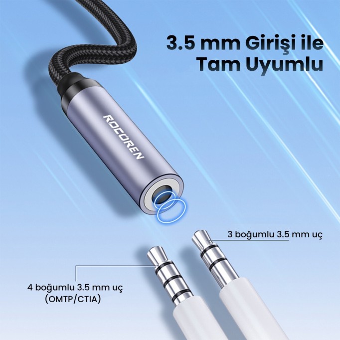 Rocoren DAC Çipli Type-C to 3.5mm Jack Aux Ses Dönüştürücü Çevirici Kablo Adaptör