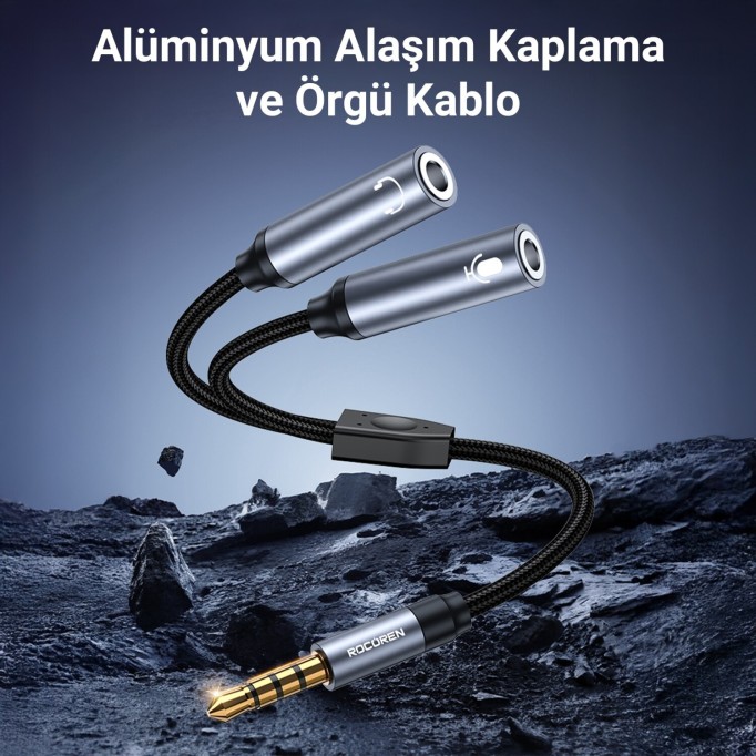 Rocoren Hi-Fi TRRS Mikrofon ve Kulaklık Birleştirici 3.5mm Y Jack Kablo