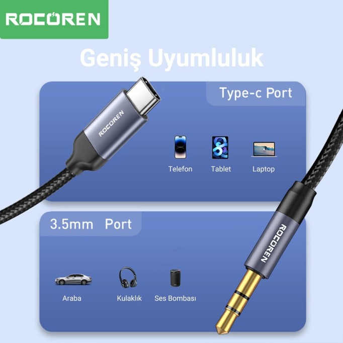 Rocoren Type-C to 3.5mm Jack AUX Hi-Fi DAC Ses Kablosu 2 Metre