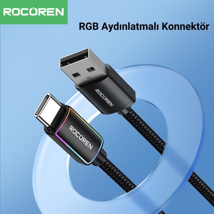 Rocoren Type-C to USB-A RGB Aydınlatmalı 3A Hızlı Şarj ve Data Kablosu 2 Metre