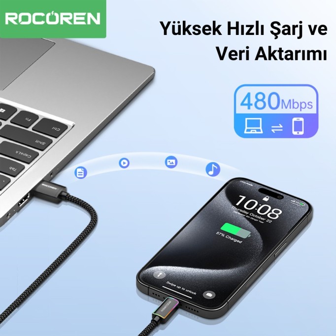 Rocoren Type-C to USB-A RGB Aydınlatmalı 3A Hızlı Şarj ve Data Kablosu 2 Metre