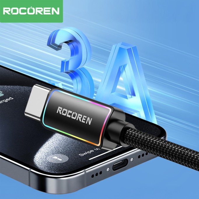 Rocoren Type-C to USB-A RGB Aydınlatmalı 3A Hızlı Şarj ve Data Kablosu 2 Metre