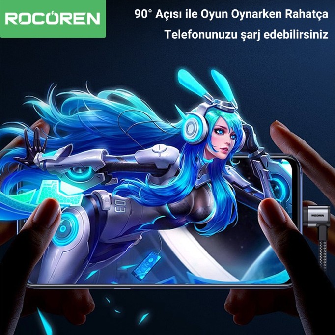 Rocoren USB-A to Type-C 90° 3A Hızlı Şarj ve Data Kablosu 1 Metre